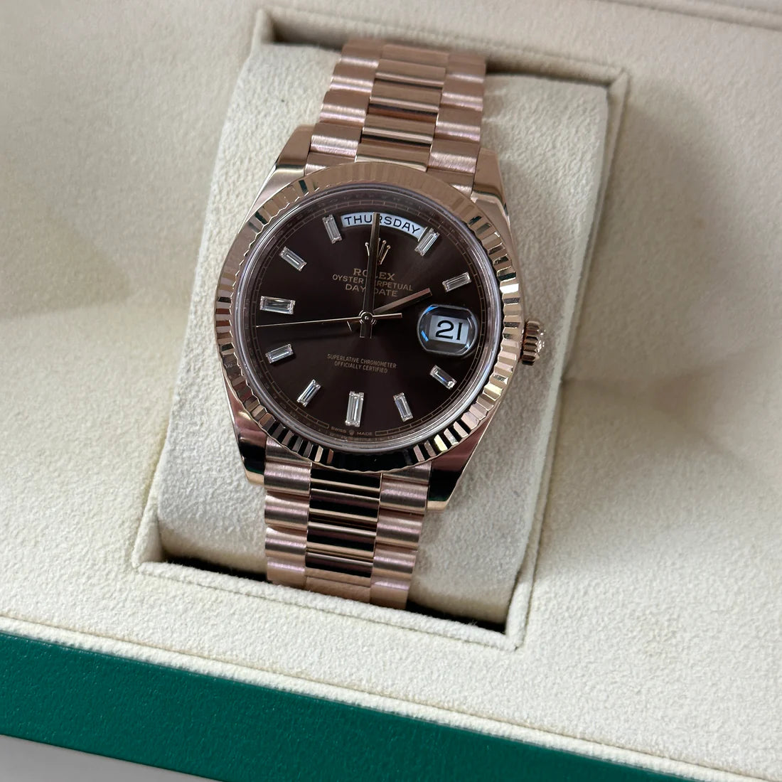 Rolex Day Date 40 Rose Gold Factory Baguette Diamond