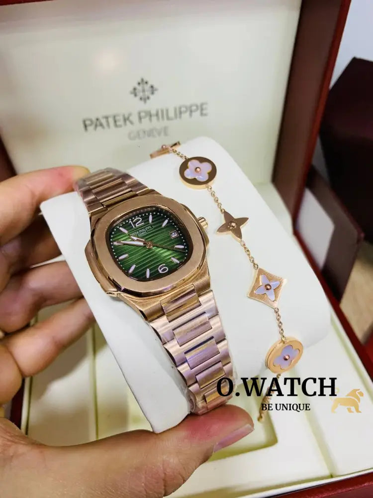 Montre Patek Philippe Rose Gold Fond Vert Pour Femme Montre Femme